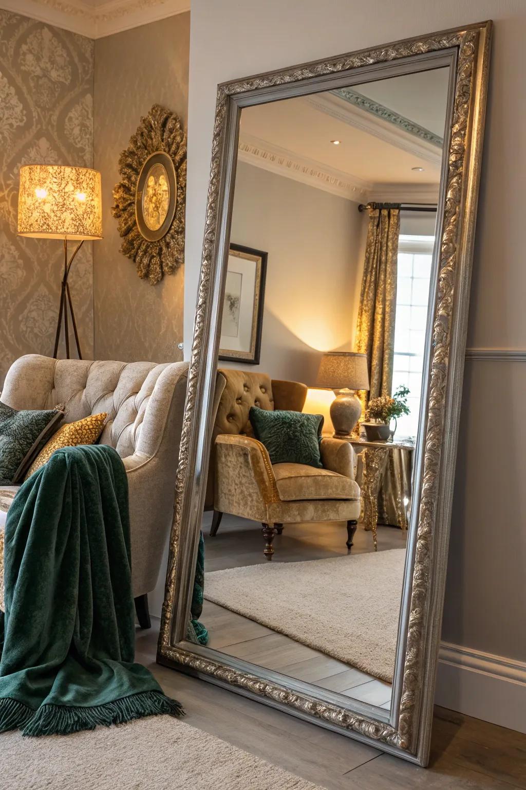 Enhance your living space with a leaning mirror that reflects style and comfort.