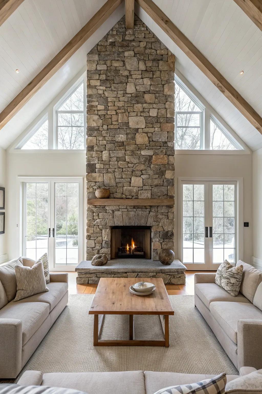 A vertical fireplace adds warmth and grandeur, making it the perfect living room centerpiece.