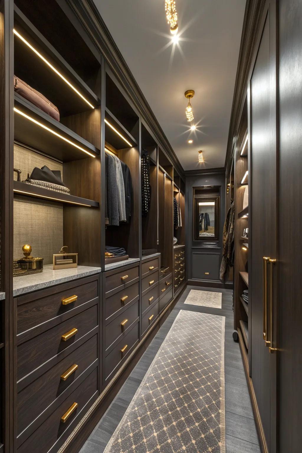 Drawers and cabinets provide the perfect hideaway for keeping your closet organized and tidy.