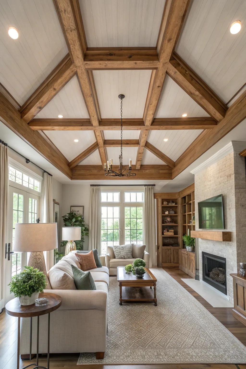 Add warmth and character to your space with wood-accented coffered ceilings that invite comfort.