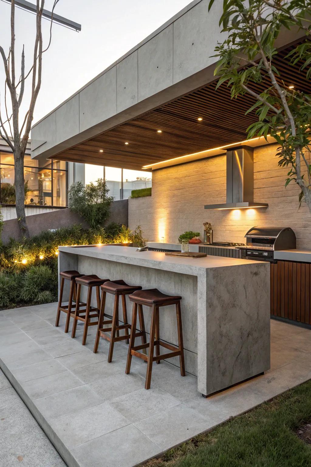 Blend concrete with wood for a warm, inviting outdoor kitchen that's both cozy and modern.