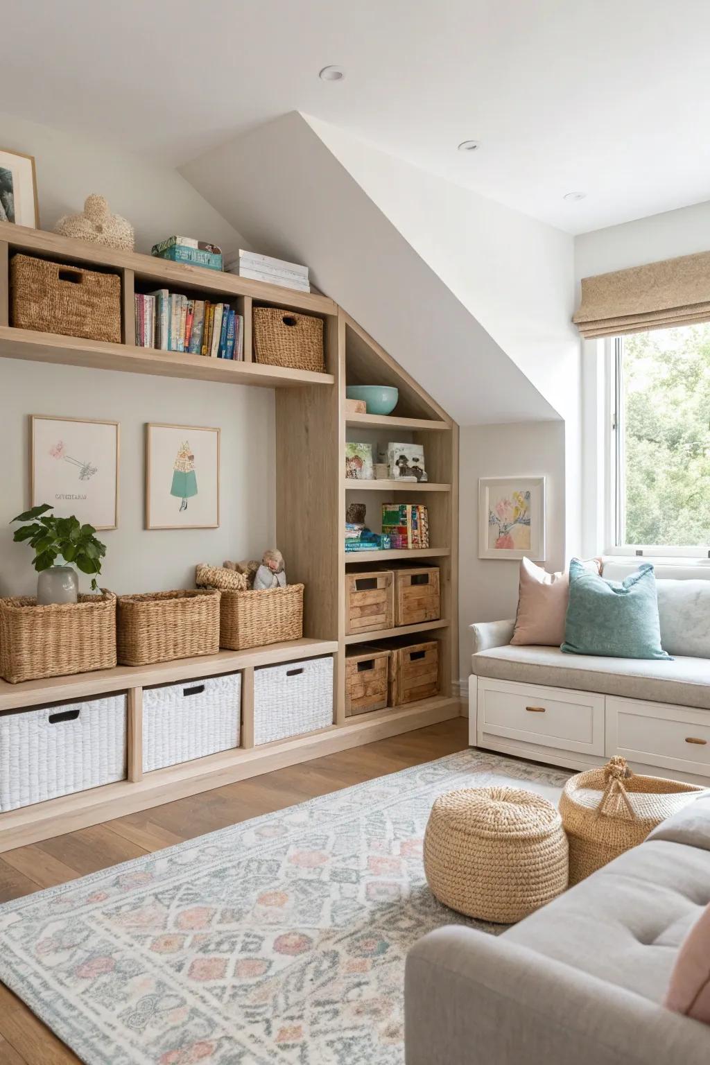 Organized play areas keep toys within reach and maintain a tidy room.