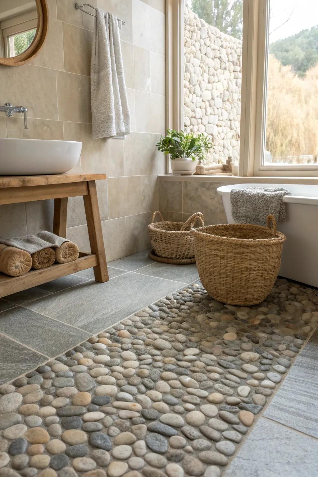 Step into luxury with a pebble-floored shower that offers beauty and practicality.