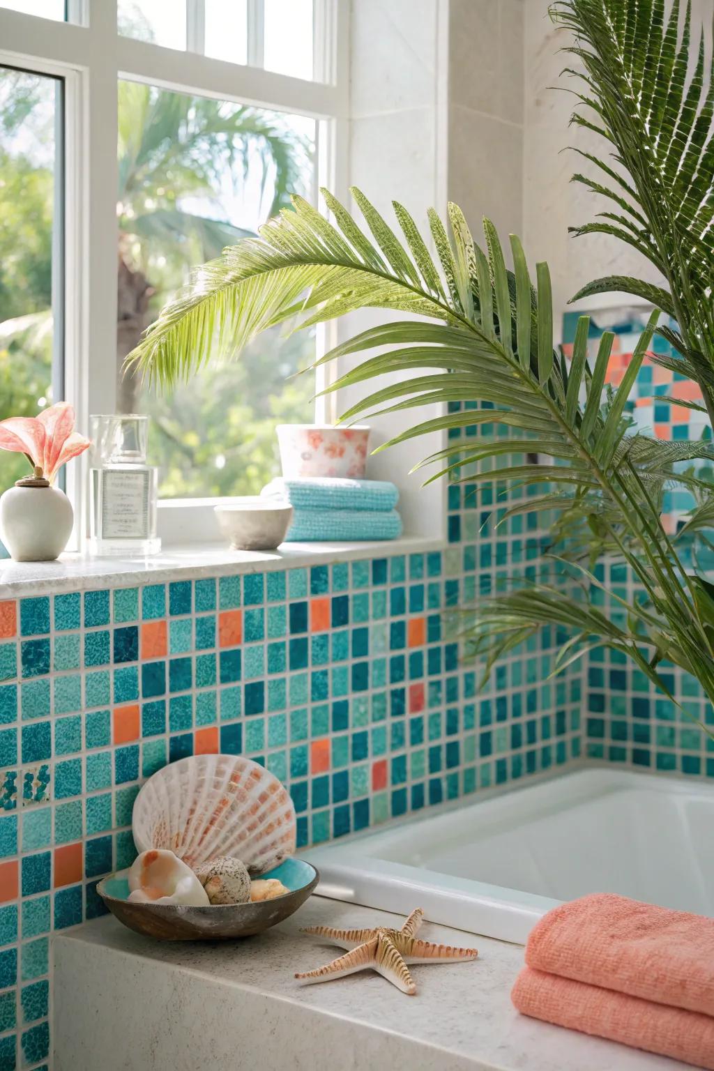 Dive into tranquility with ocean-inspired mosaics that bring the sea's serenity home. #CoastalLiving #BathroomBliss #TileLove