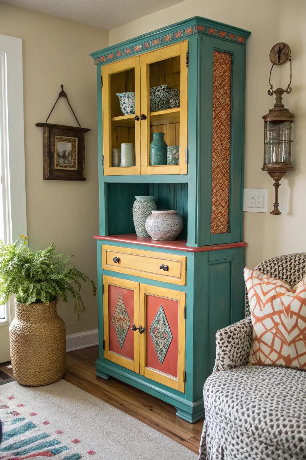 Capture rustic charm with a distressed shabby chic corner hutch that tells a story.