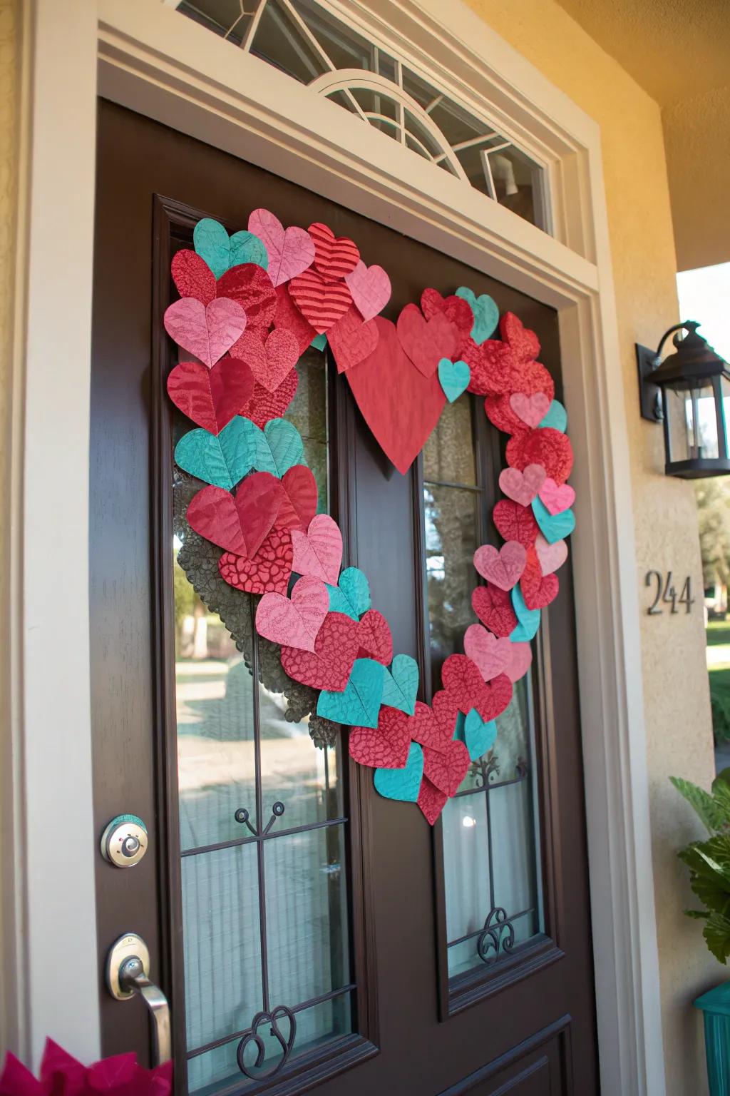Welcome guests with a charming paper heart wreath on your front door.