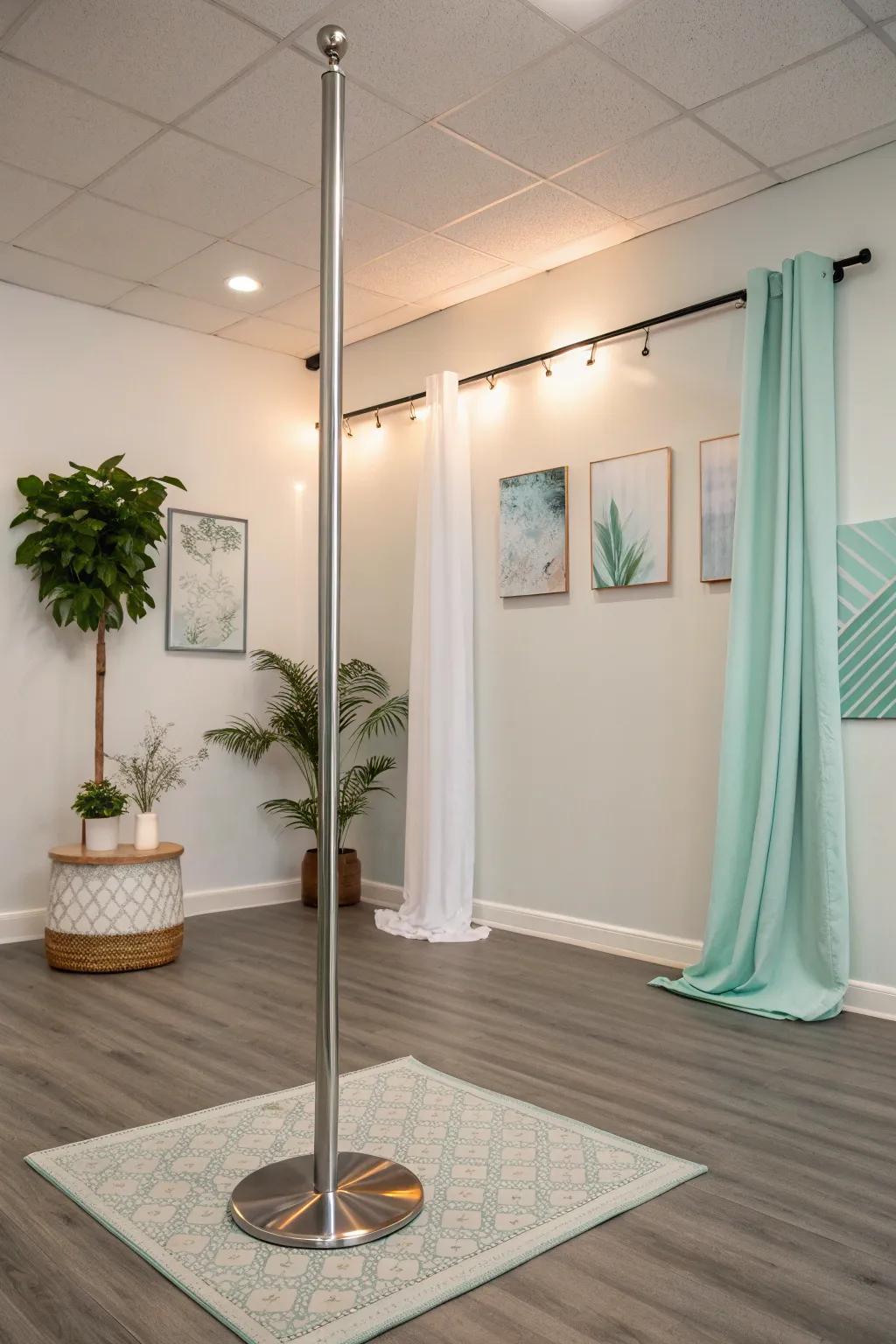 Embrace minimalism with simple decor that complements your pole room. #MinimalistDesign #HomeDecor