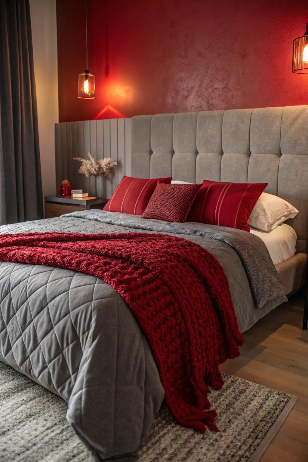 Create a cozy retreat with gray bedding highlighted by pops of red for a stylish touch.