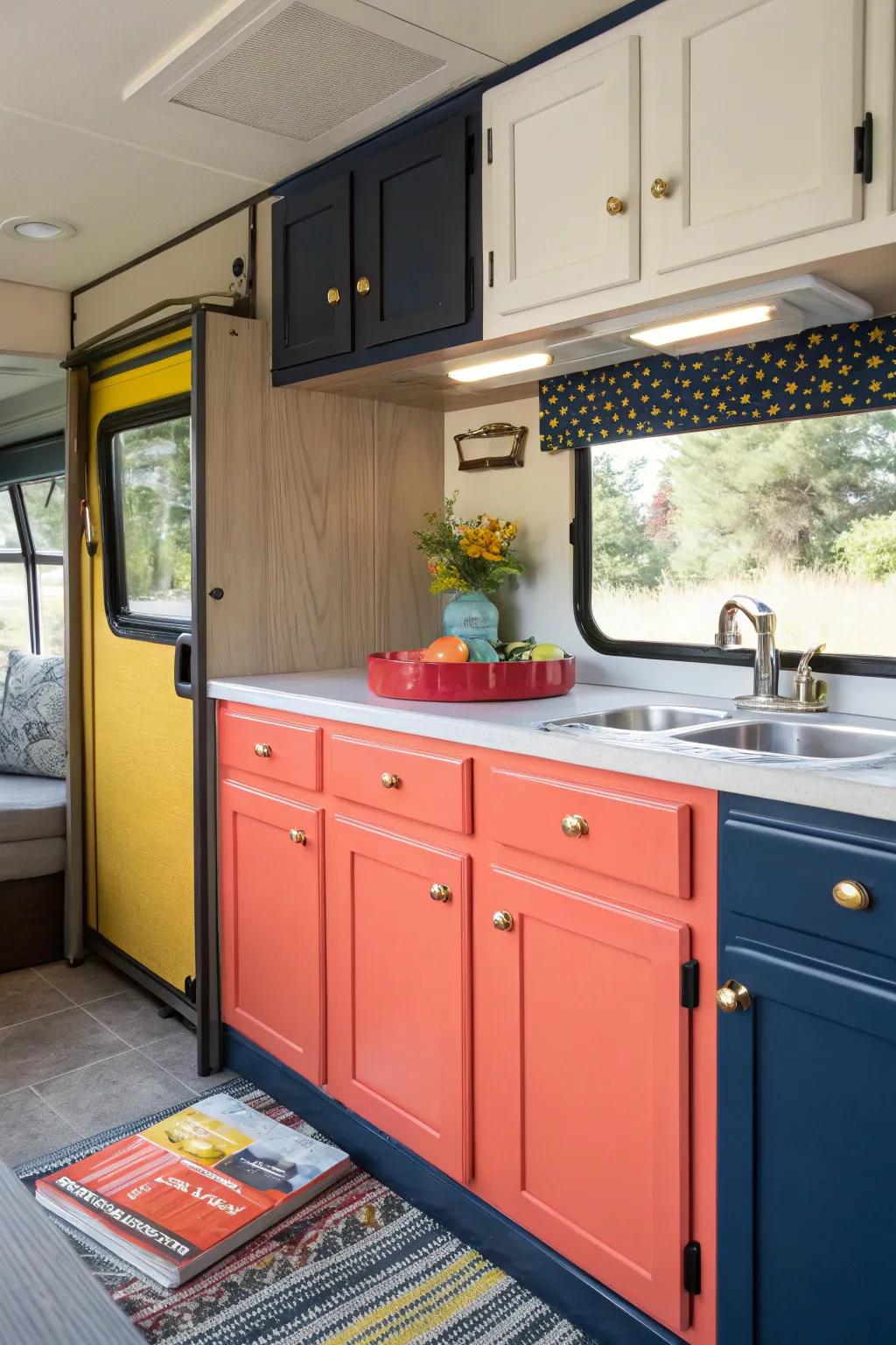 Two-tone cabinets add a touch of elegance and sophistication to your RV kitchen. Perfect for those who love a balanced look.