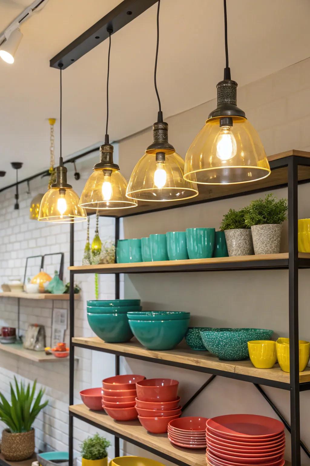 Elevate your shelving with pendant lights that double as a decor statement and functional lighting.