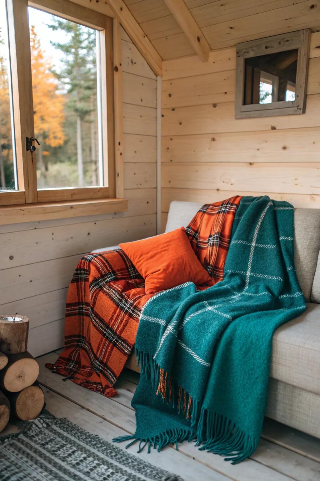 Add warmth and texture with layered textiles in your cabin.