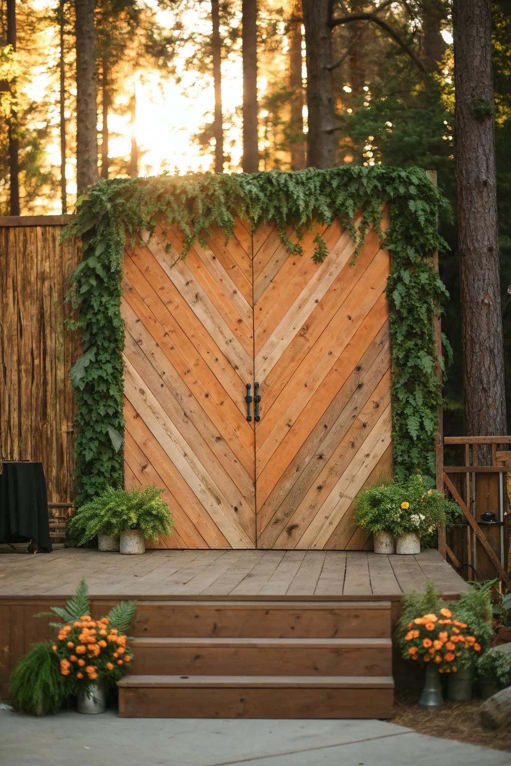 Add rustic charm to your event with natural wood and greenery elements.