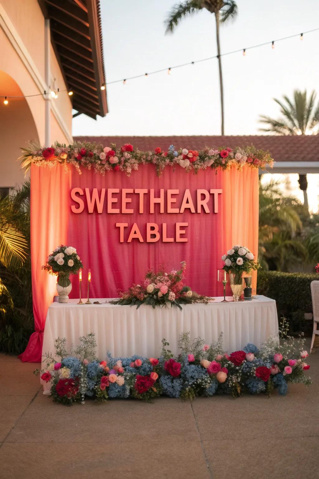 A personalized name sign adds a unique and intimate touch to your sweetheart table decor.