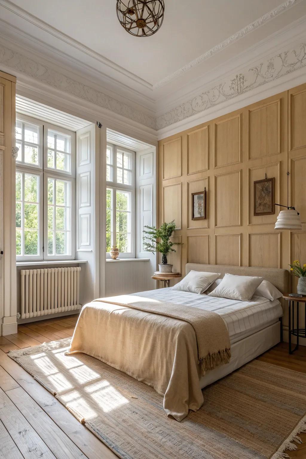 Sophistication meets comfort with elegant wainscoting that enhances your bedroom's charm.