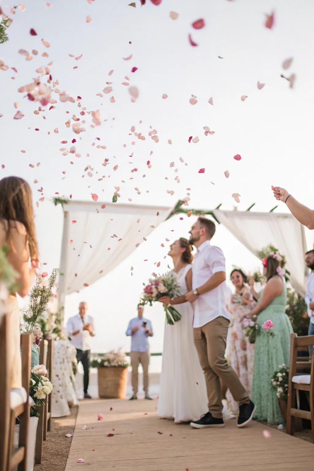 A shower of flower petals creates a romantic and picturesque wedding exit.