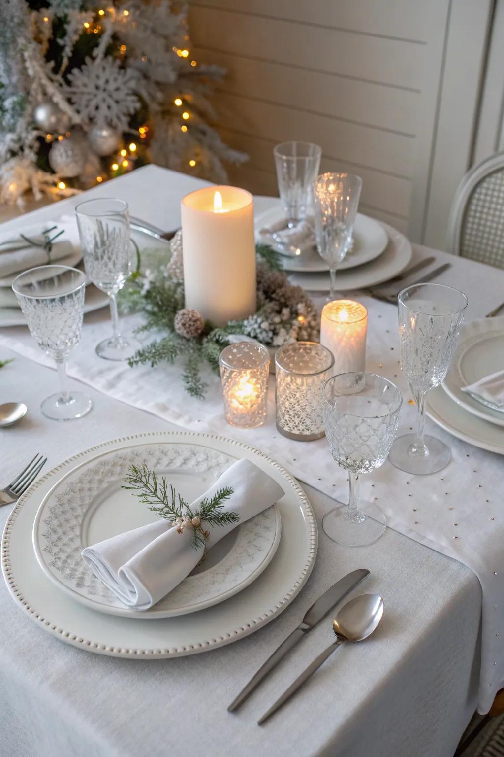 Elevate your dining experience with a chic winter white table setting.
