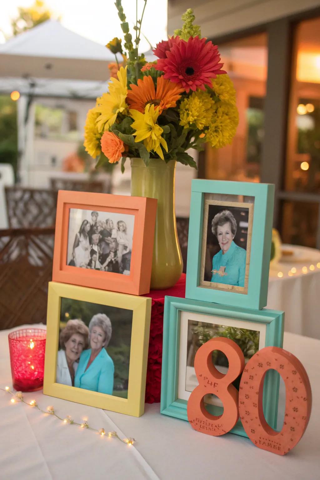 Celebrate the journey with a centerpiece that tells a story through cherished photos.
