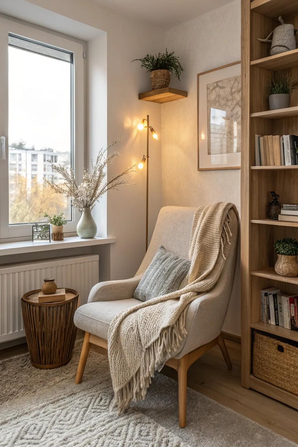 A cozy reading nook adds charm and personality to any apartment space.