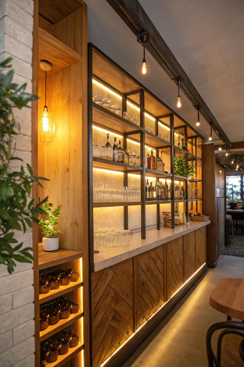 Embrace rustic charm with wood and lighting fusion that warms up your home bar.