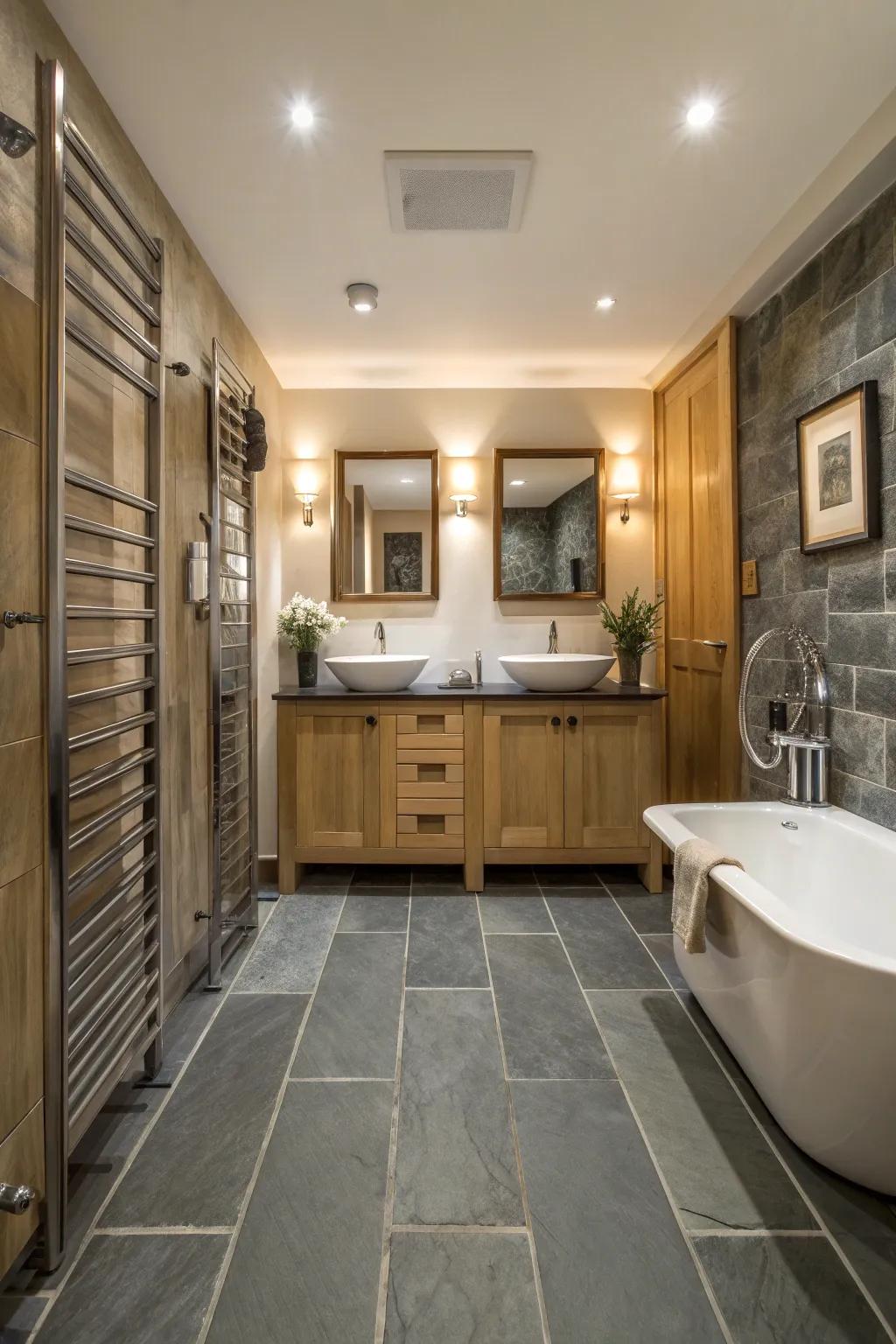 Combine slate floors with industrial accents for an edgy, urban bathroom style.