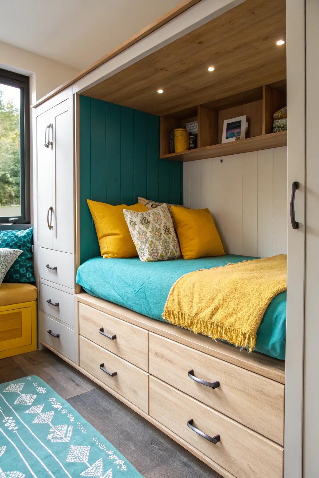 Enhance your nook’s utility with sleek under-bed storage solutions.