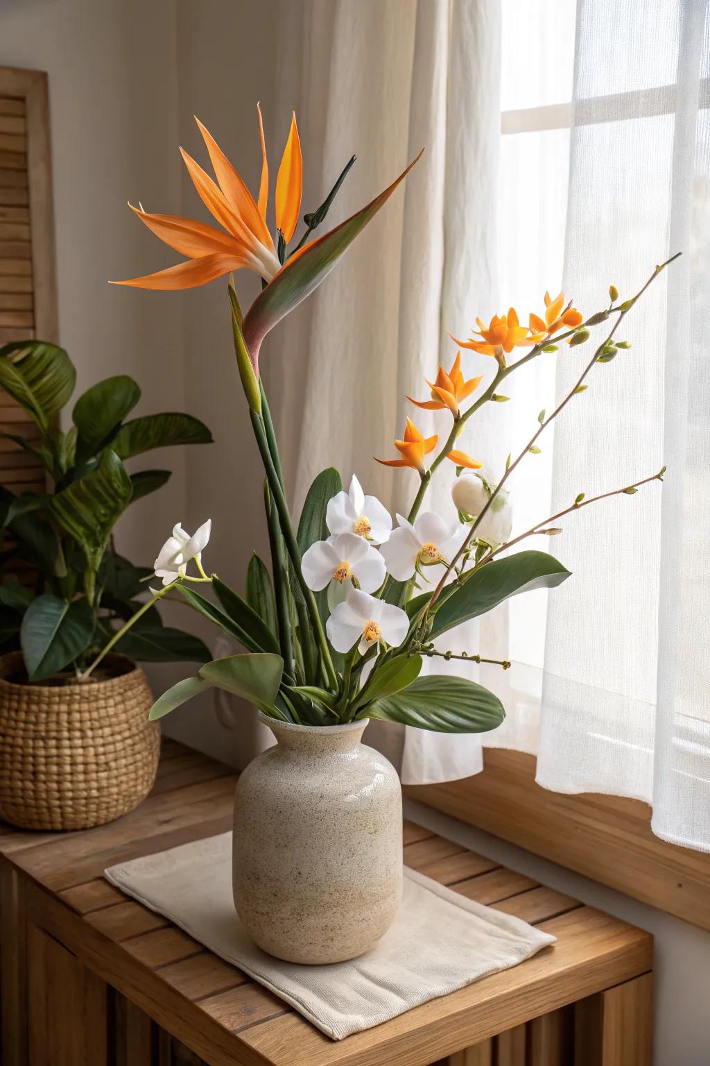 Elevate your decor with the exotic elegance of Bird of Paradise and orchids. 🌺 #ExoticFlowers #HomeStyling