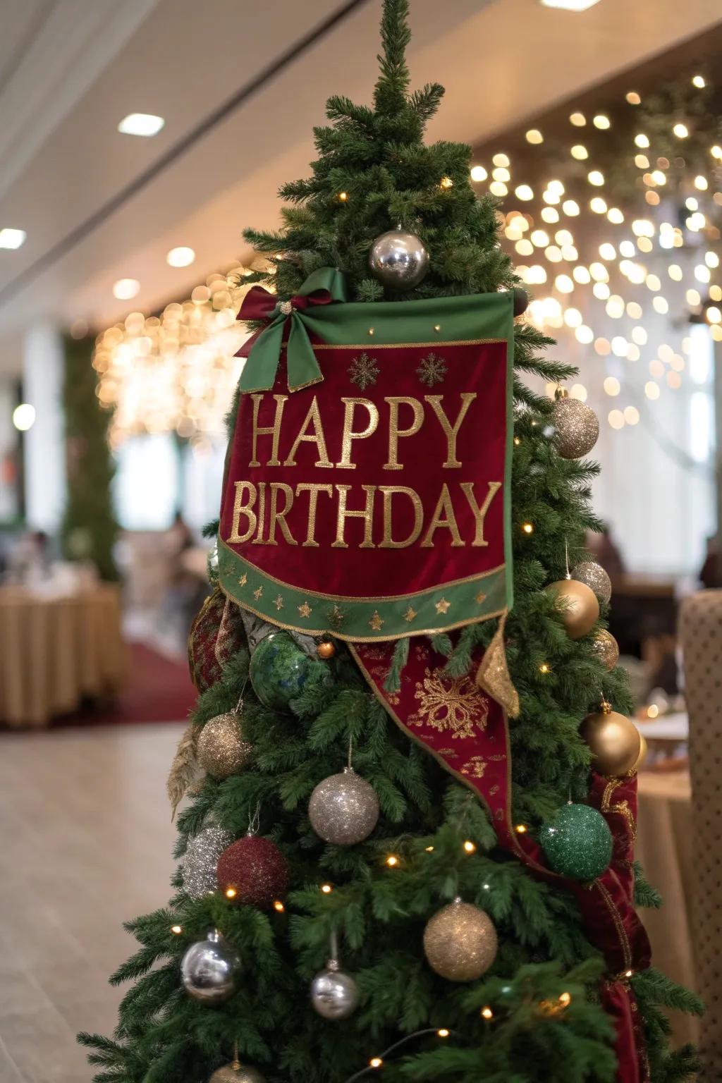 Celebrate in style with a birthday banner that makes your holiday tree a festive focal point. 🎈 #BirthdayDecor #HolidayVibes