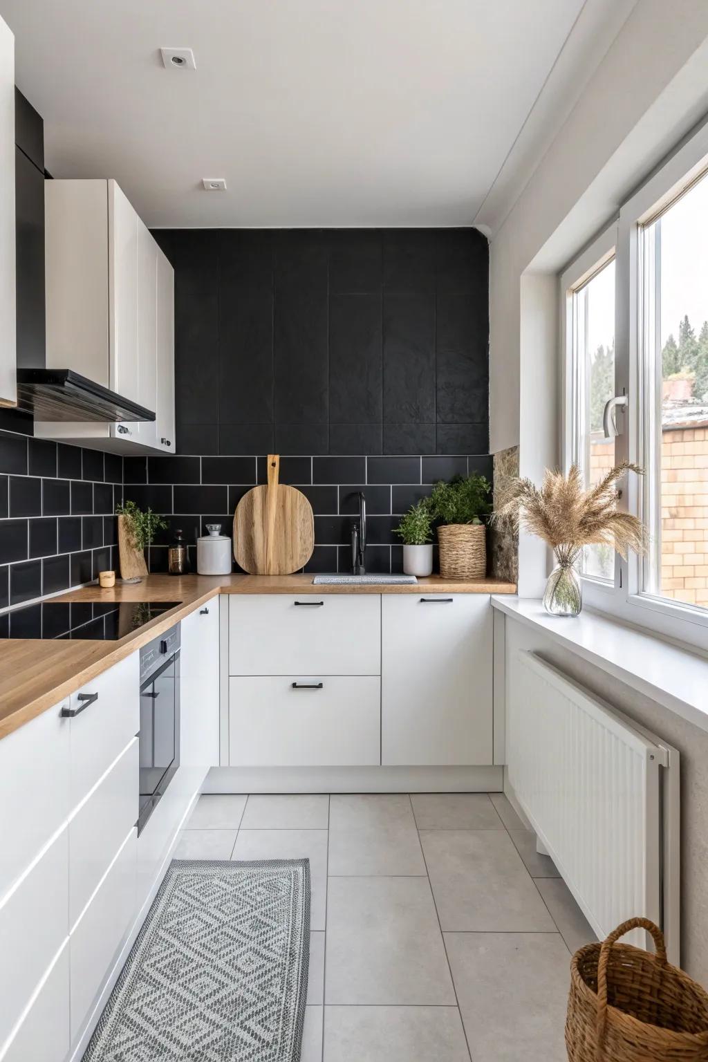 A bold black backsplash creates stunning contrast against white cabinets.
