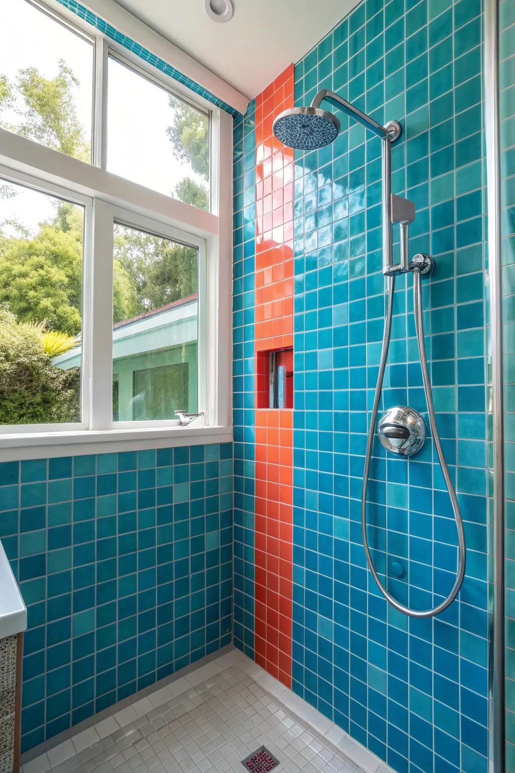 Make a bold statement with a blue glass tile accent wall in your shower. 💙 #AccentWall #ColorPop