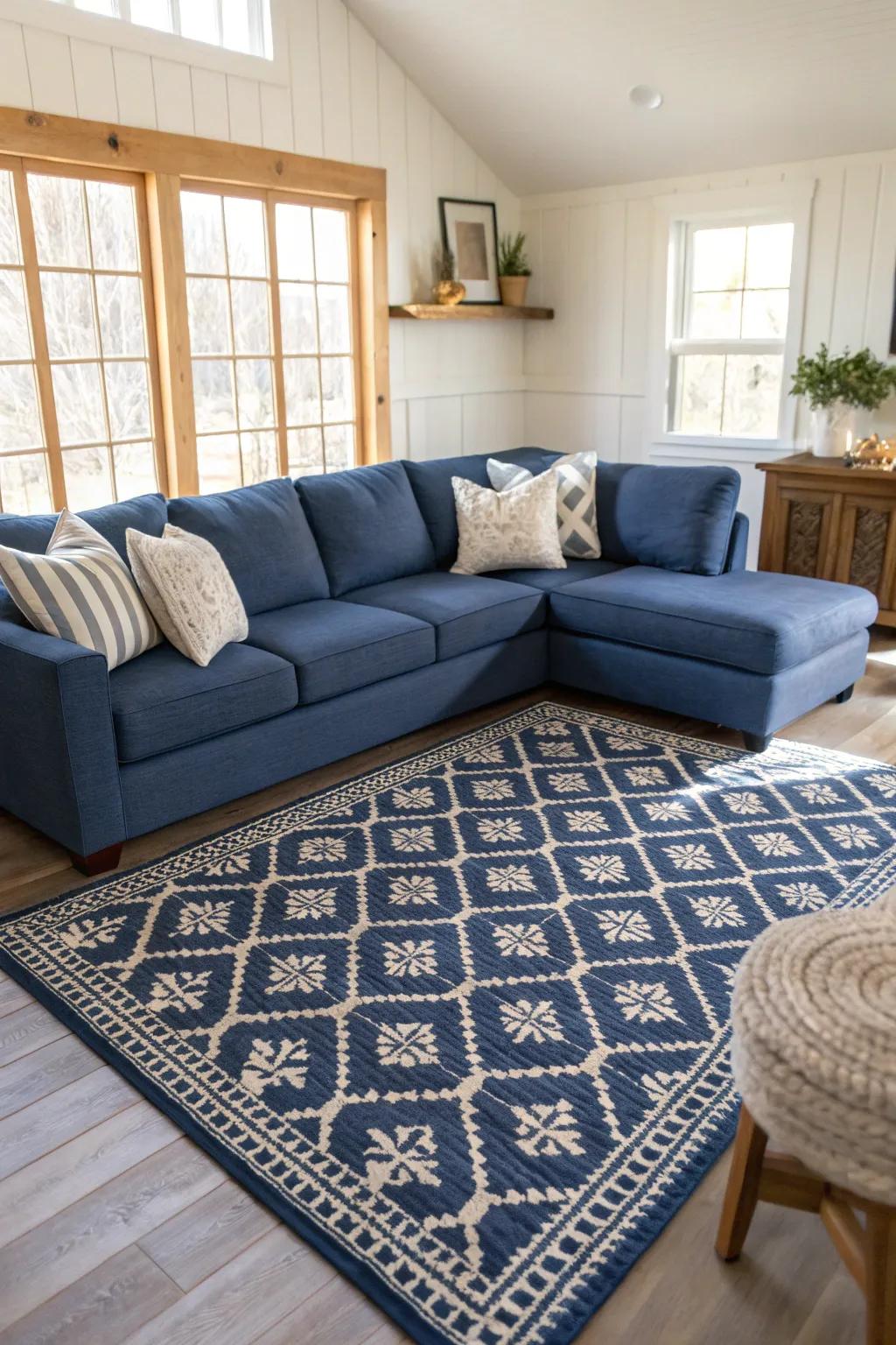 A statement rug beneath your blue sectional anchors the room and adds a touch of artistry to your space.
