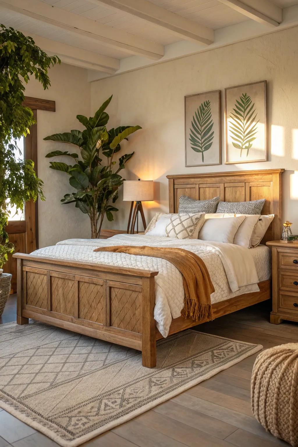 Natural wood furniture exudes warmth and rustic charm, grounding your botanical haven. 🌿 #WoodFurniture #BedroomInspiration #NaturalMaterials