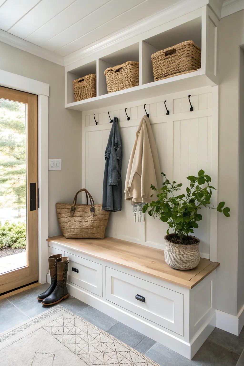 Hooks above the bench offer a practical solution for everyday items.