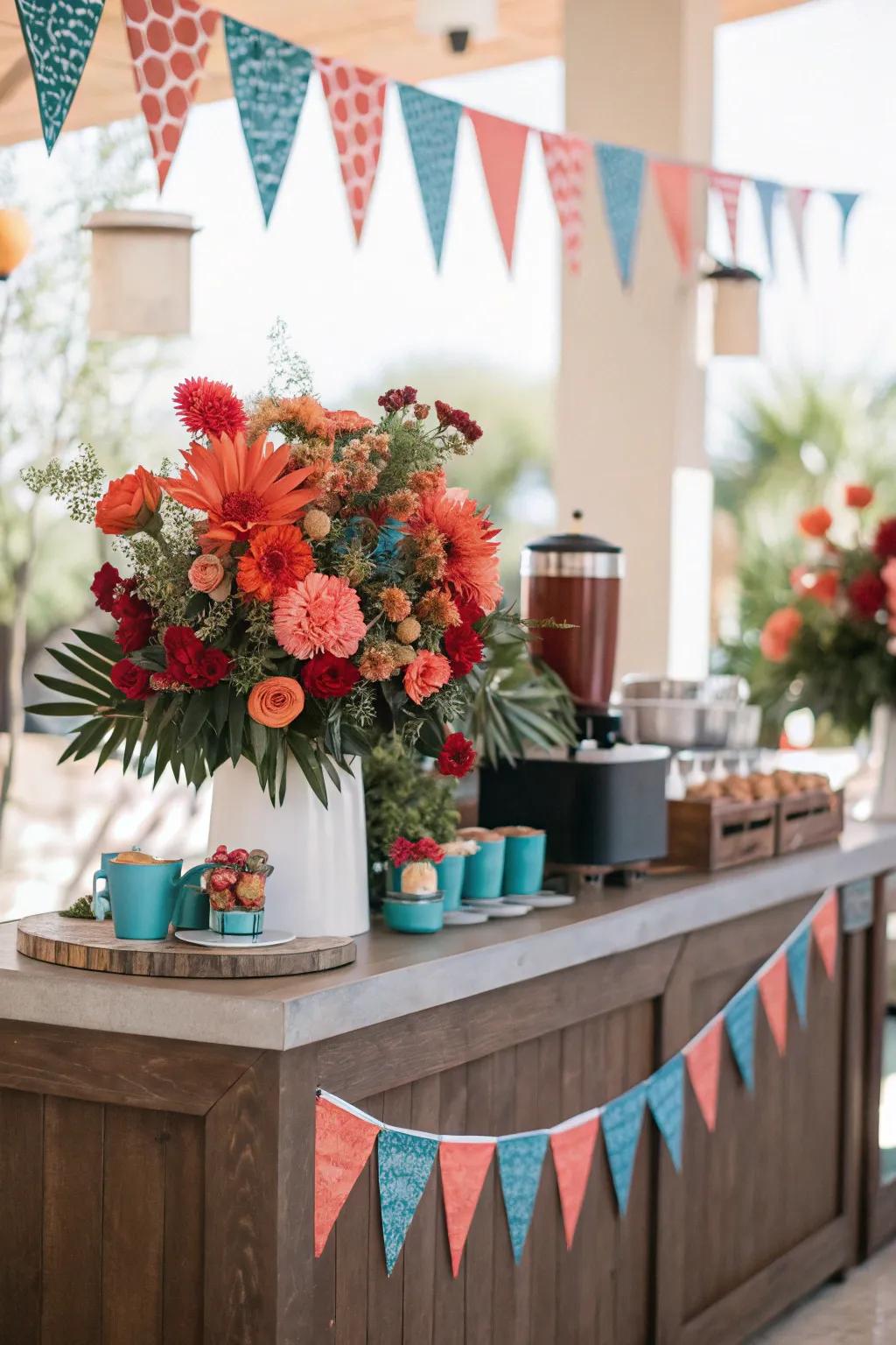 Decorative touches make your coffee bar inviting and festive. 🌸 #FloralDecor #PartyVibes #CoffeeStation