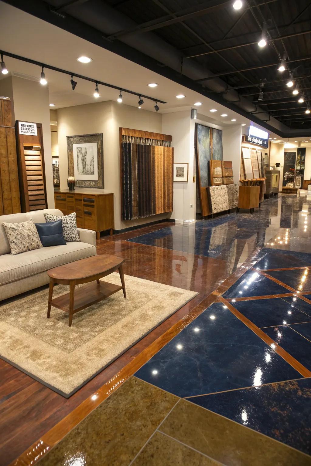 Epoxy floors create a seamless and glossy finish, perfect for showrooms.