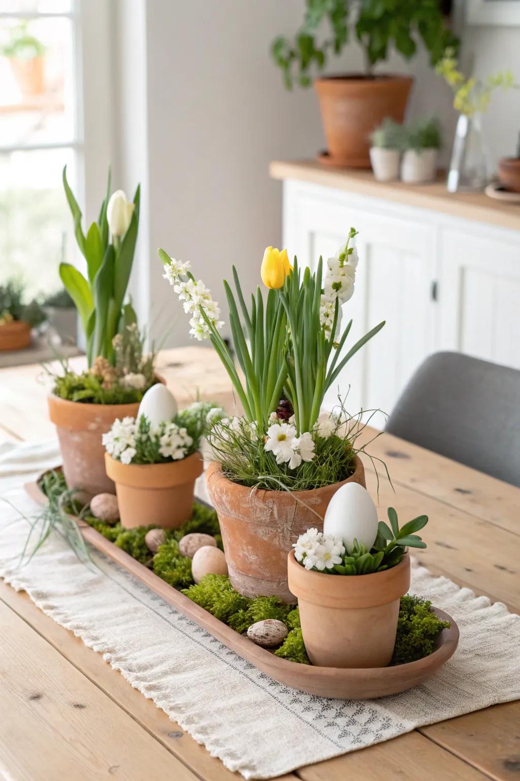 Embrace the freshness of spring with garden-inspired clay pots filled with vibrant blooms.