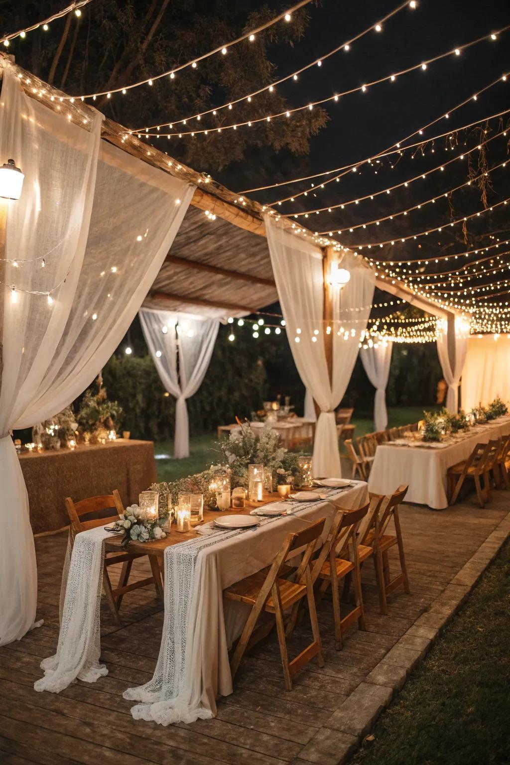 String lights bring a whimsical glow, perfect for an enchanting wedding evening. ✨ #FairyTaleWedding #StringLights