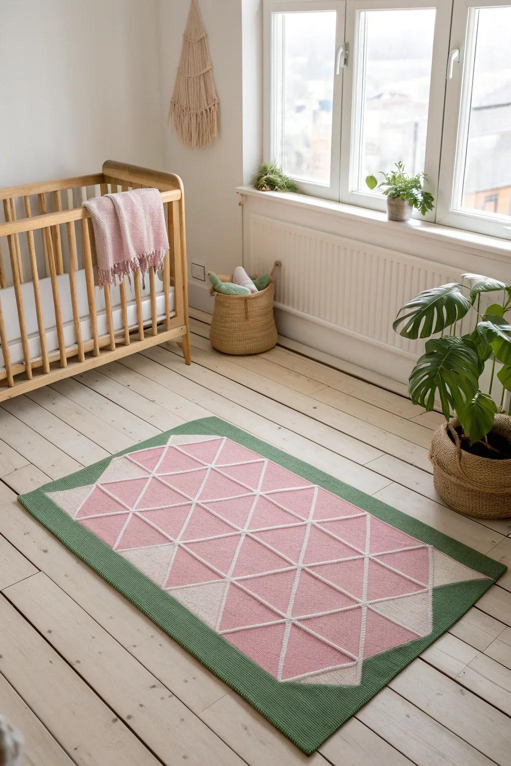 Geometric pink rugs add a playful touch to the nursery floor, perfect for little explorers.