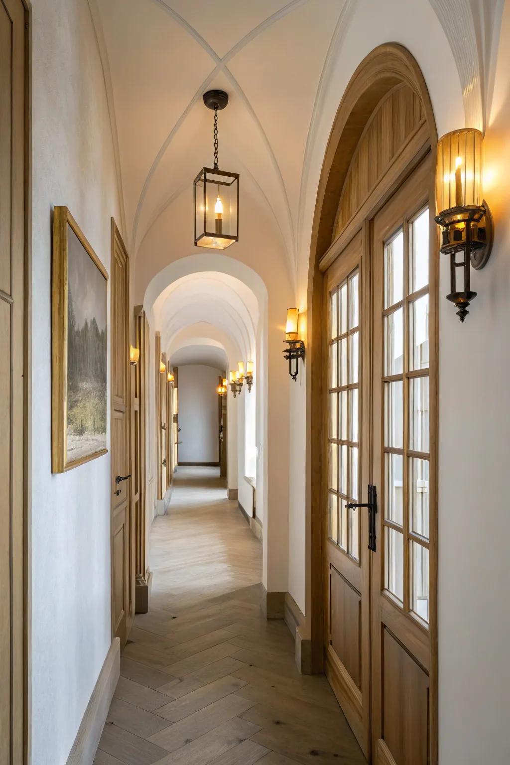 Invite warmth into your hallway with sconces that radiate a gentle, welcoming glow.