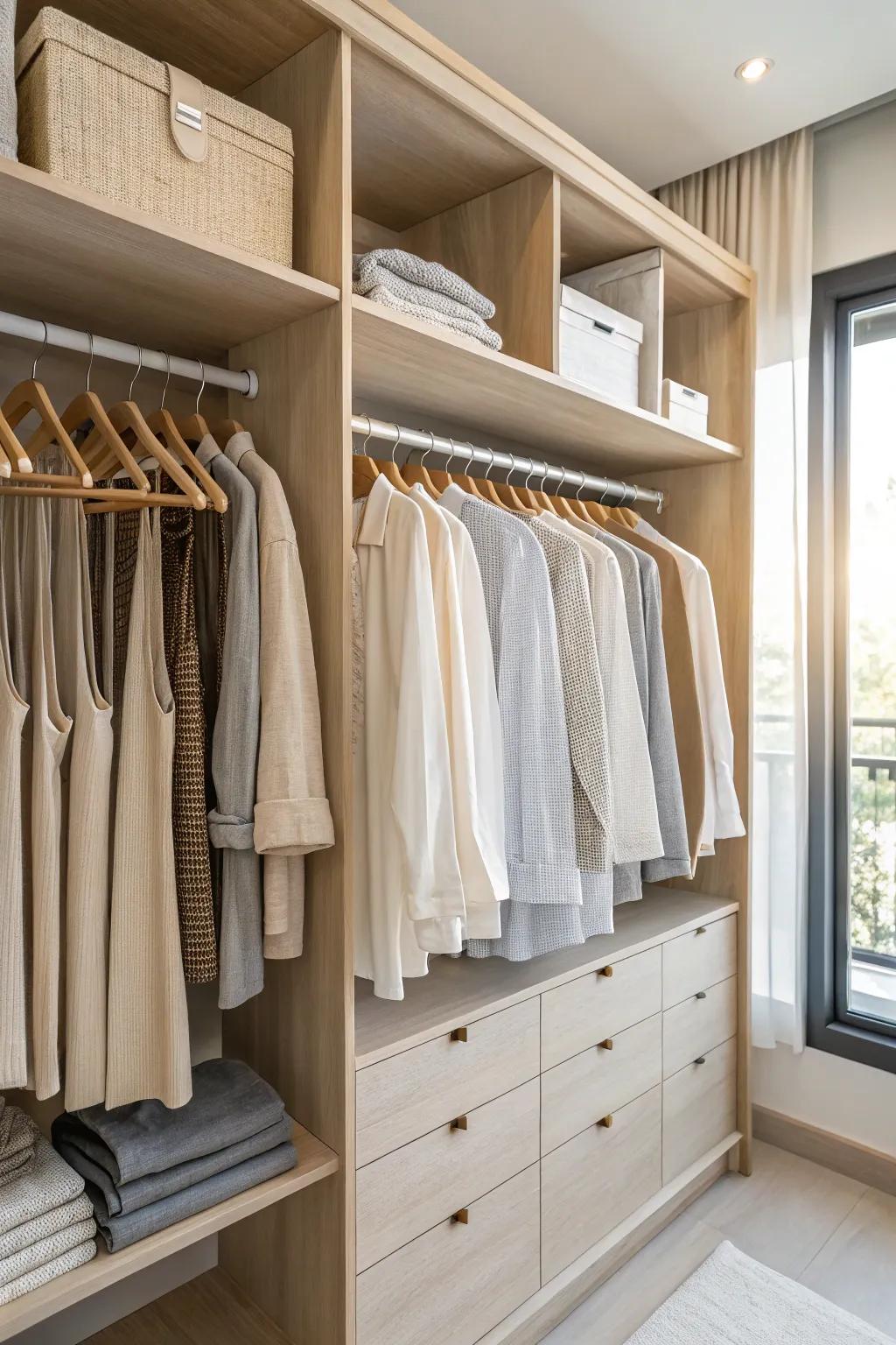 Slim hangers bring harmony to your closet, maximizing space while maintaining aesthetics.