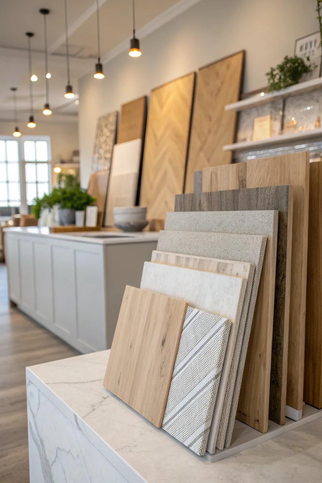 Touch and feel a variety of material samples to find the perfect match for your kitchen.