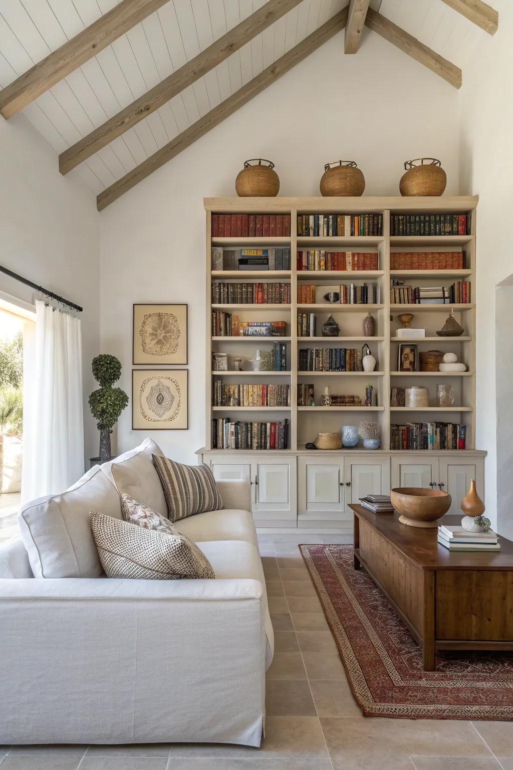 Fill your vertical space with tall bookshelves for a touch of sophistication. 📚 #BookshelfStyling