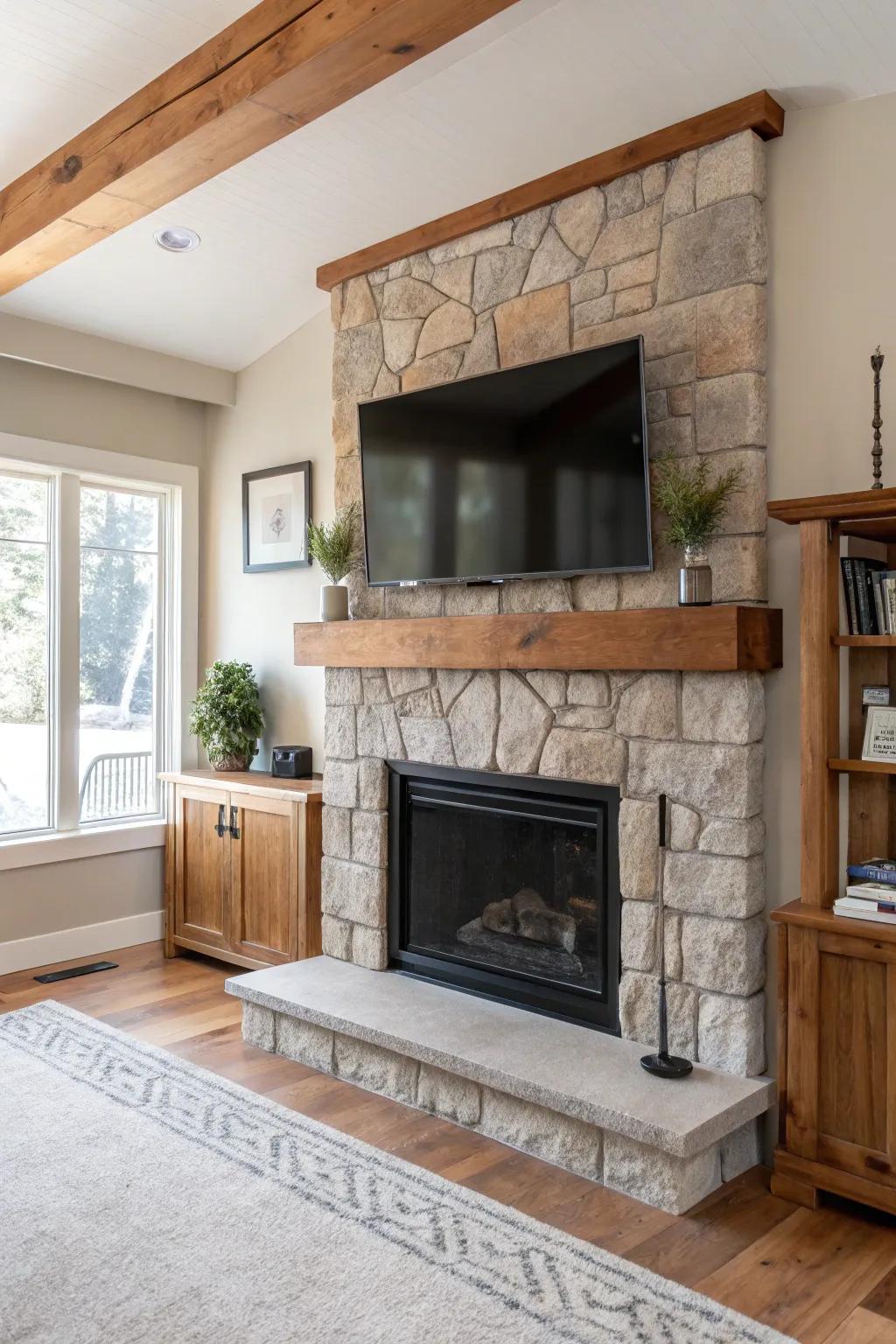 Combine warmth and entertainment with a fireplace-TV combo that's perfect for gatherings. 🔥 #CozyLiving #FireplaceDesign