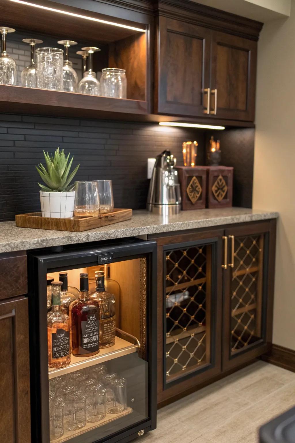Personalize your kitchen with a minibar that's perfect for entertaining. 🍸 #HomeEntertaining #BarSetup