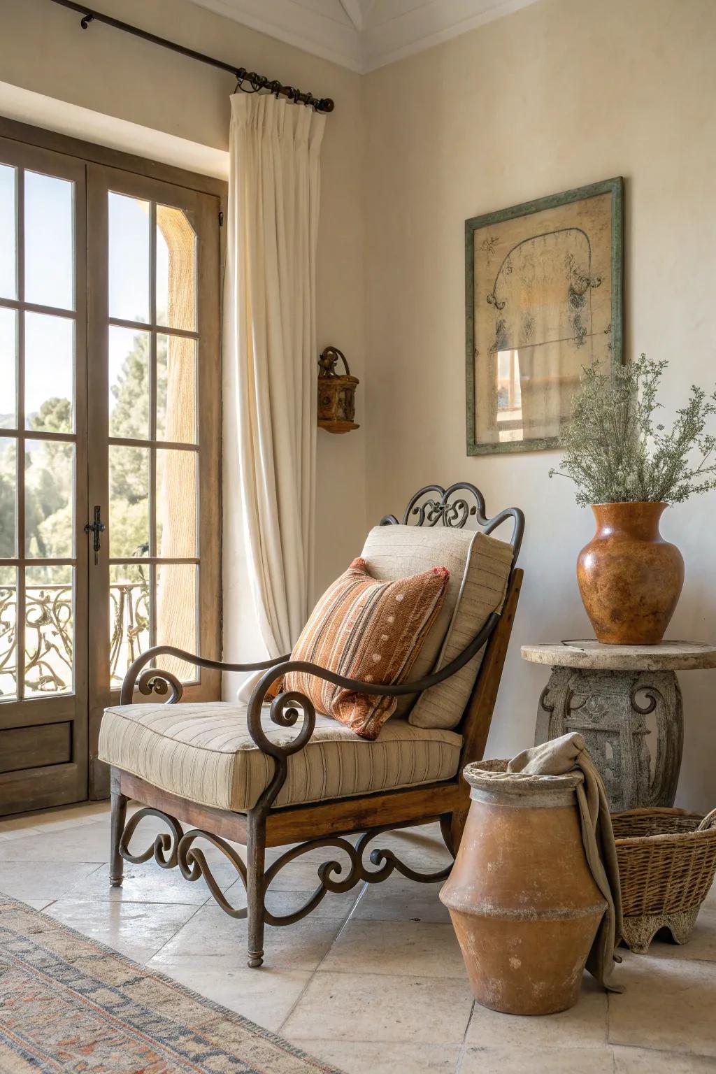 Vintage-style furniture adds history and character, echoing the charm of Mediterranean villages.