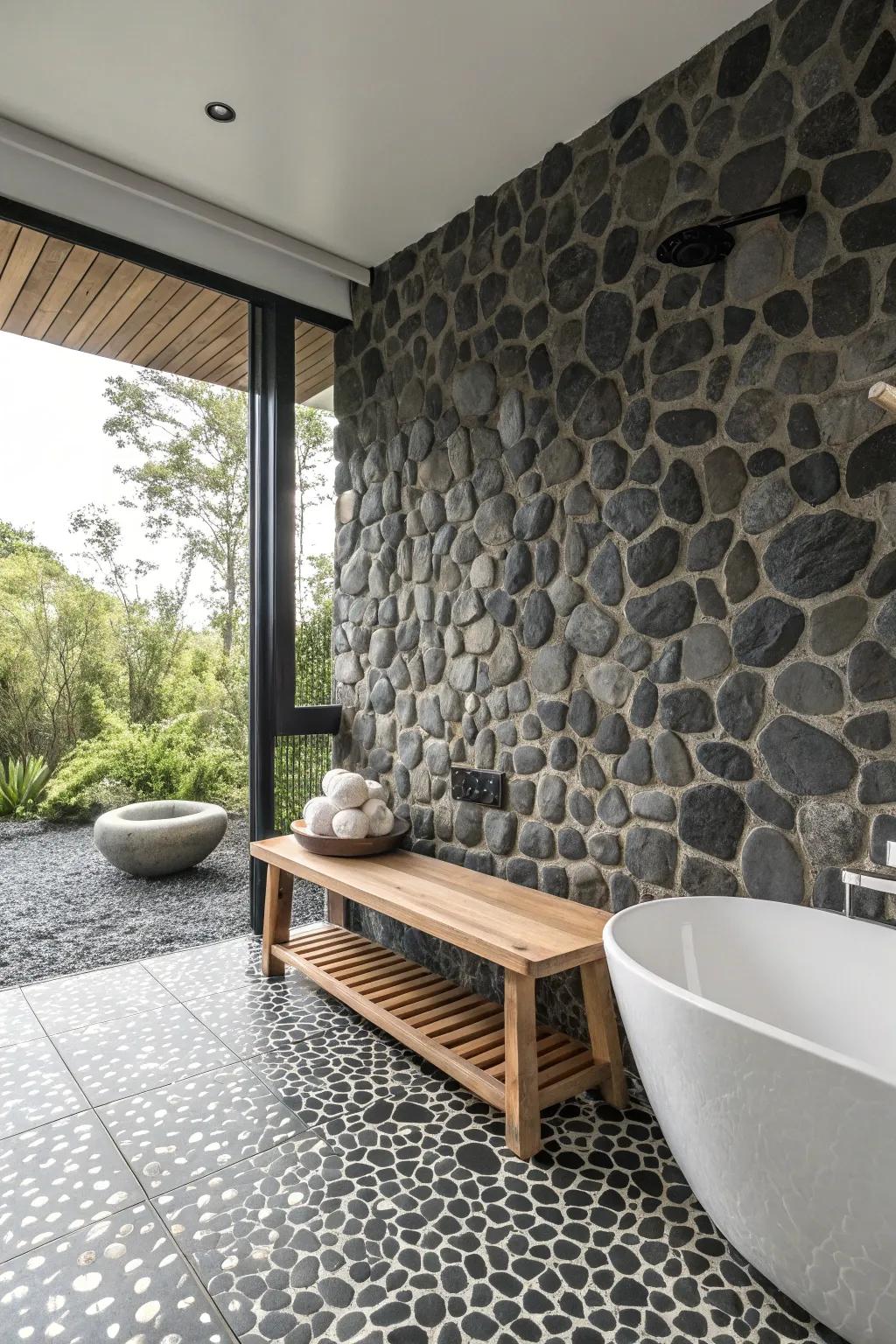 A monochrome palette of pebbles adds an elegant touch to any modern bathroom. ⚫⚪ #MinimalistDesign #PebbleBathroom