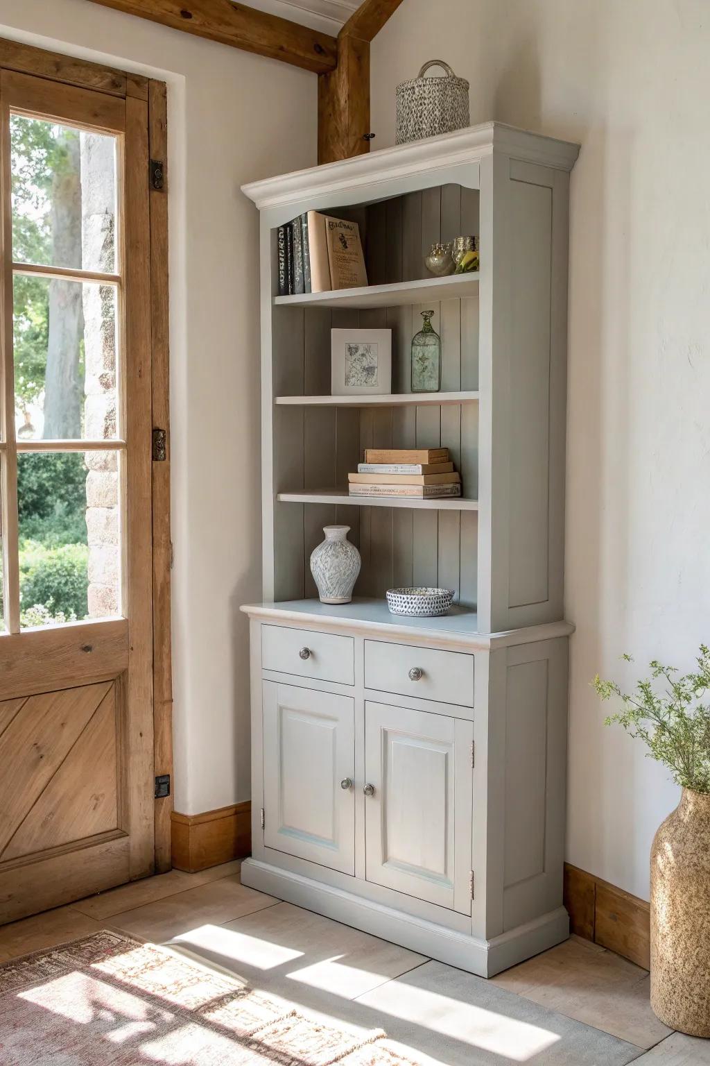 Create an inviting atmosphere with a chalk-painted corner hutch that offers style and versatility.