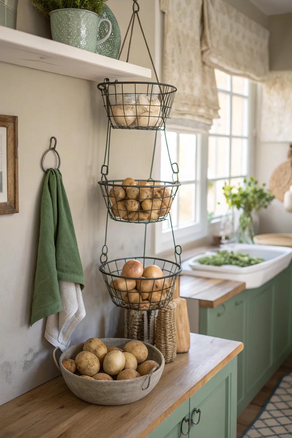 Maximize your space with stylish hanging wire baskets.