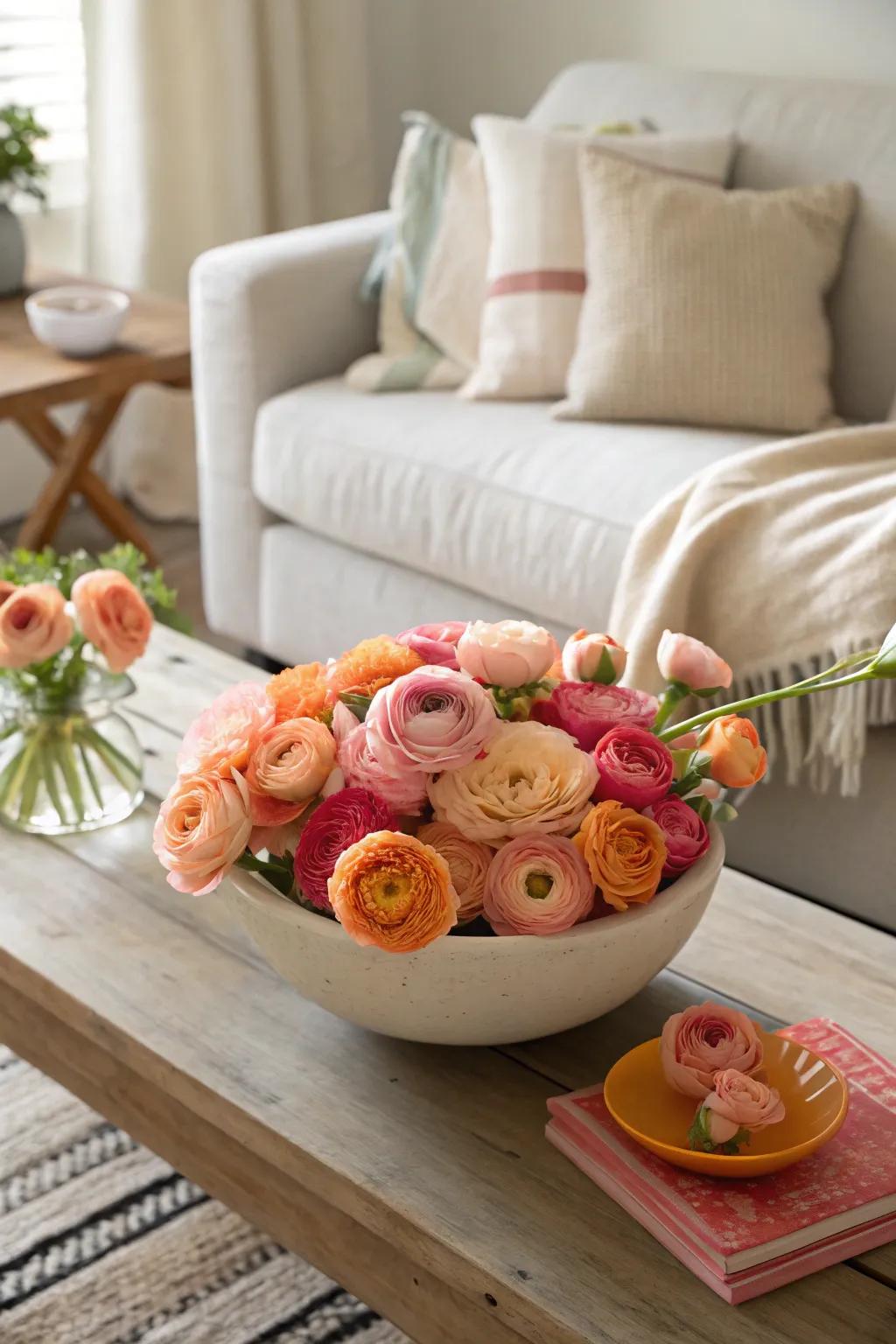 Add a splash of color to your coffee table with vibrant ranunculus 🌈 #HomeDecor #LivingRoomStyle
