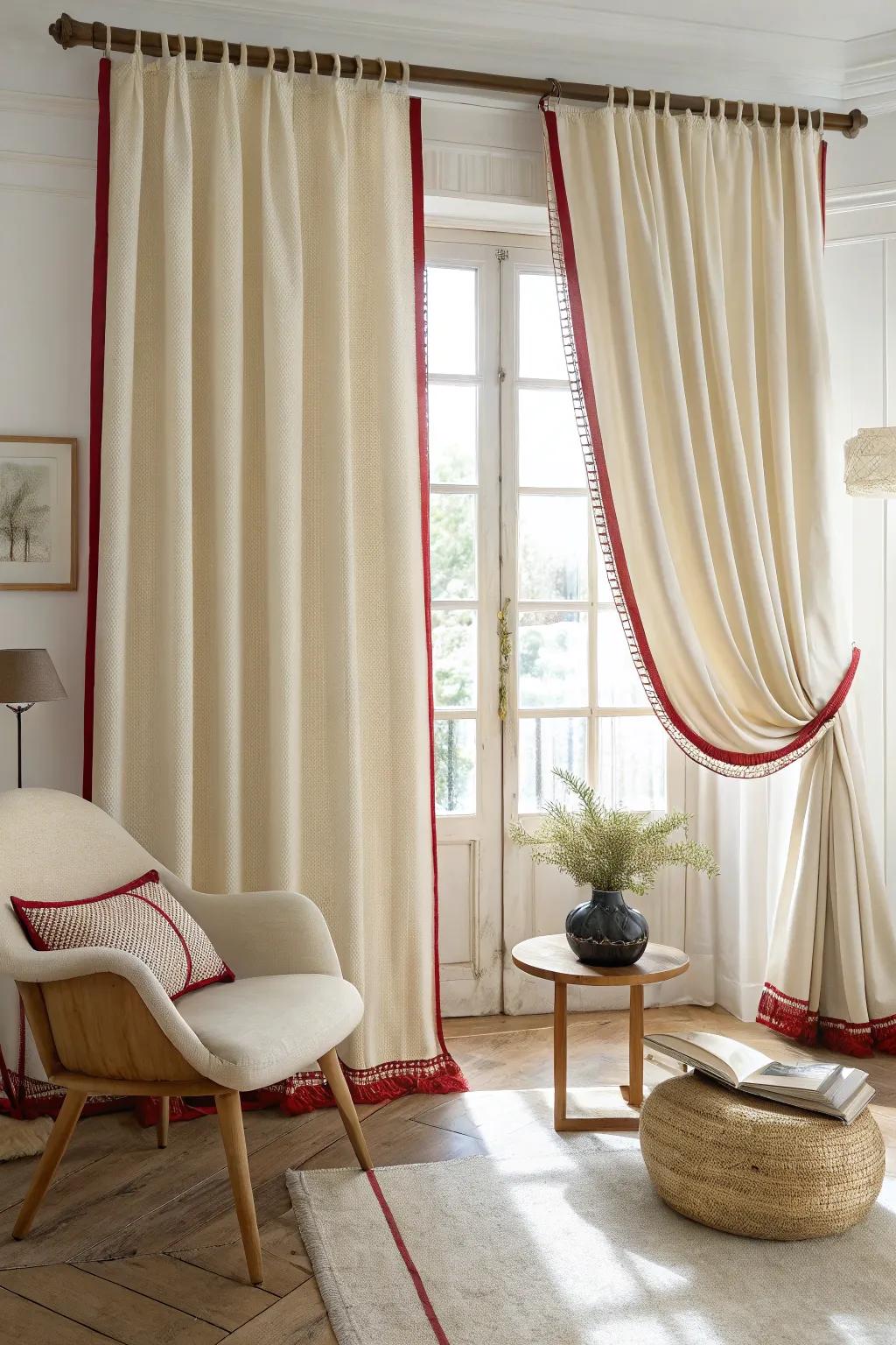 Frame your views with cream curtains and red trimmings for a refined touch of elegance.