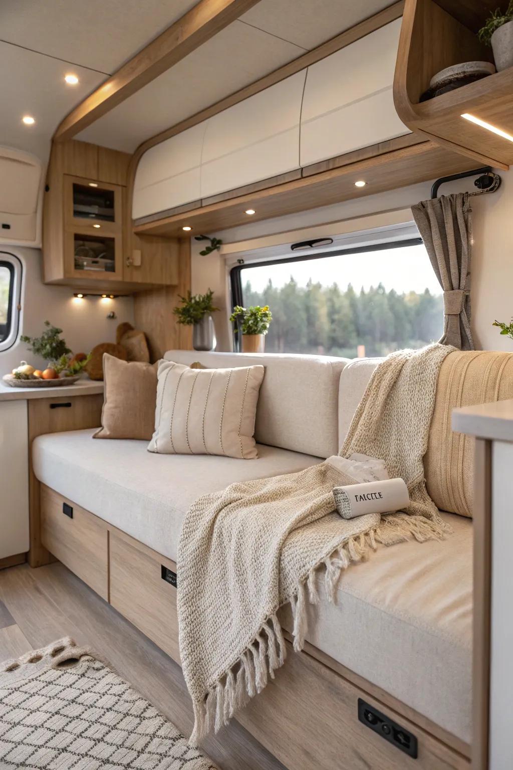 Neutrals provide a cozy and timeless look, making your RV feel like a home away from home. #NeutralPalette #WarmDecor #RVLiving